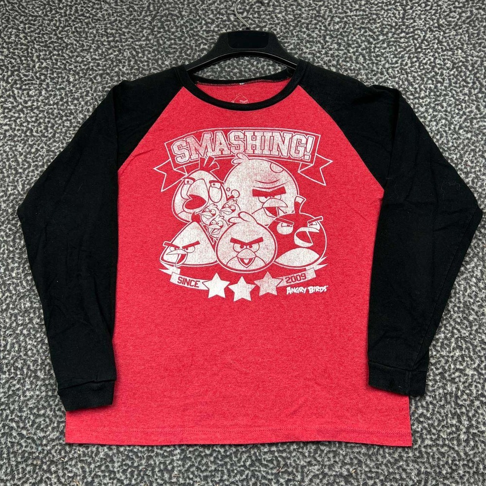 Angry Birds Smashing Shirt Youth Large 14/16 Red Black Long Sleeve Raglan